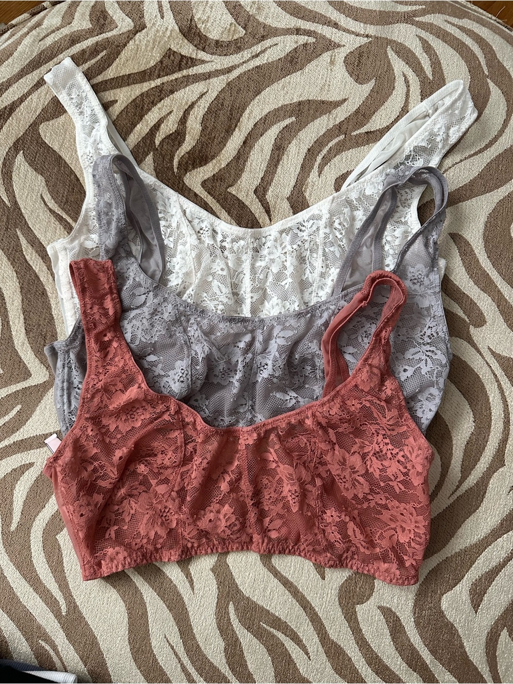 Victoria's Secret Lace Bralette Trio in Rust, Gray, and White